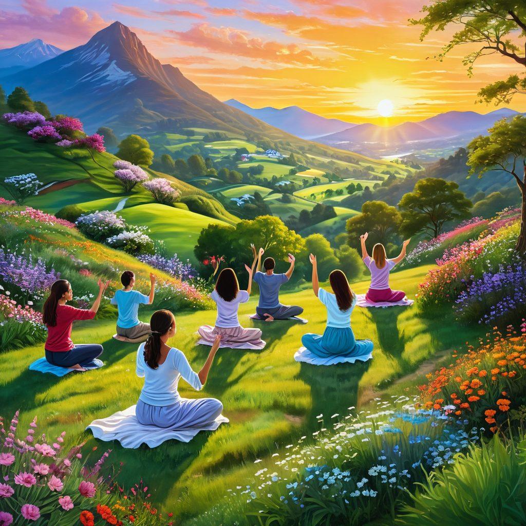 A serene landscape featuring a radiant sunrise, symbolizing new beginnings, with lush green hills and blooming flowers. In the foreground, a diverse group of people engaged in joyful activities, like painting, dancing, and meditating, showcasing the essence of cheerfulness and satisfaction. Bright colors illuminate the scene, inviting warmth and positivity. whimsical, super-realistic, vibrant colors.