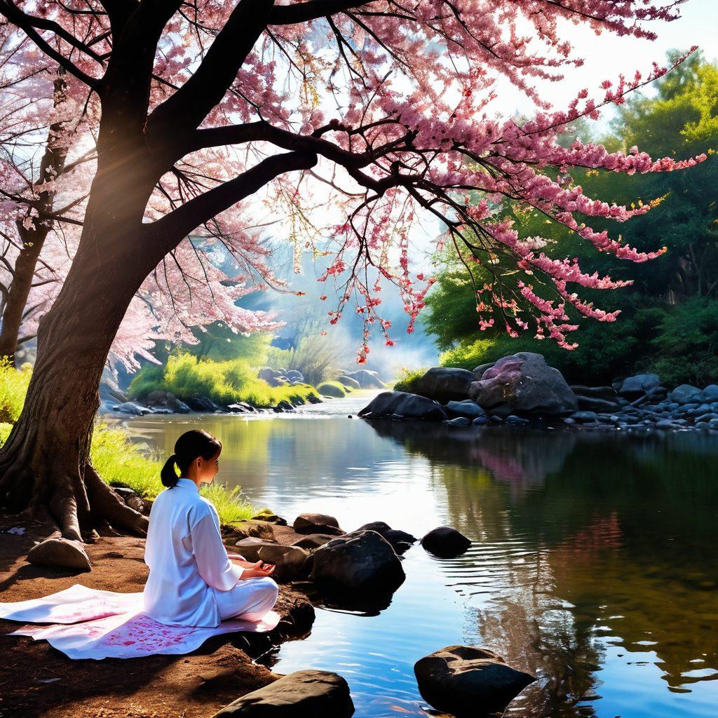 A serene morning scene depicting a person meditating under a blooming cherry blossom tree, surrounded by gentle sunlight filtering through the leaves. Soft, flowing water from a nearby stream symbolizes tranquility, while an open journal and a steaming cup of tea sit beside them, illustrating daily gratitude practices. The atmosphere is calm, inviting, and filled with vibrant colors that evoke peace and contentment. super-realistic. vivid colors. nature-inspired.