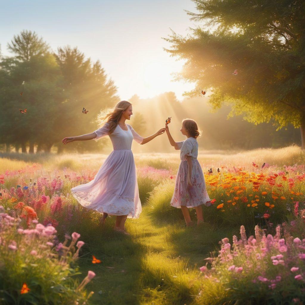 A serene landscape depicting a sunlit meadow filled with colorful flowers and vibrant butterflies, symbolizing joy and tranquility. In the foreground, a diverse group of people of various ages is joyfully engaging in activities like dancing, painting, and meditating, showcasing the essence of happiness. Soft, warm sunlight enhances the cheerful mood, filling the scene with warmth and positivity. dreamy style. rich pastel colors. natural elements.